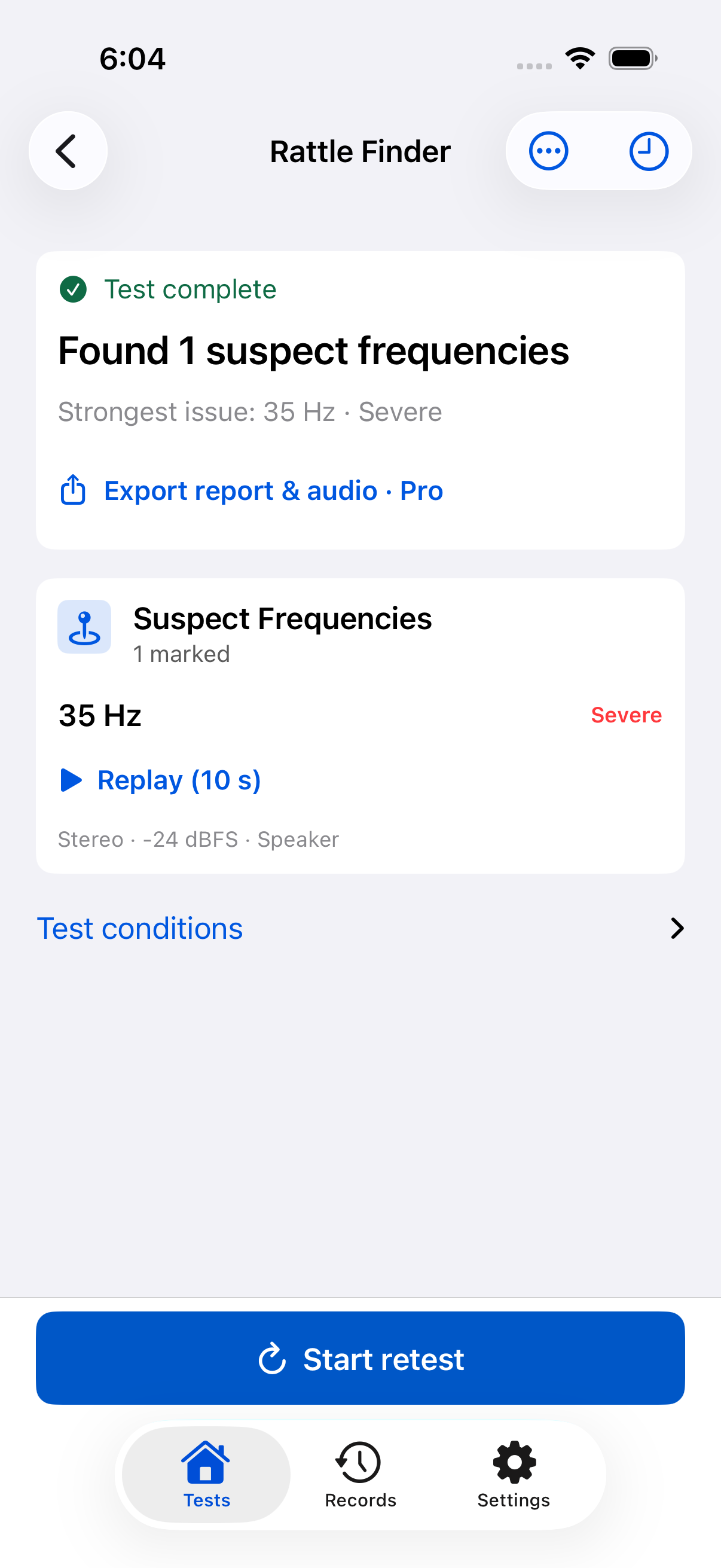 SignalProof 1.1.0 Rattle Finder with a marked frequency, Replay for 10 seconds, and Start retest
