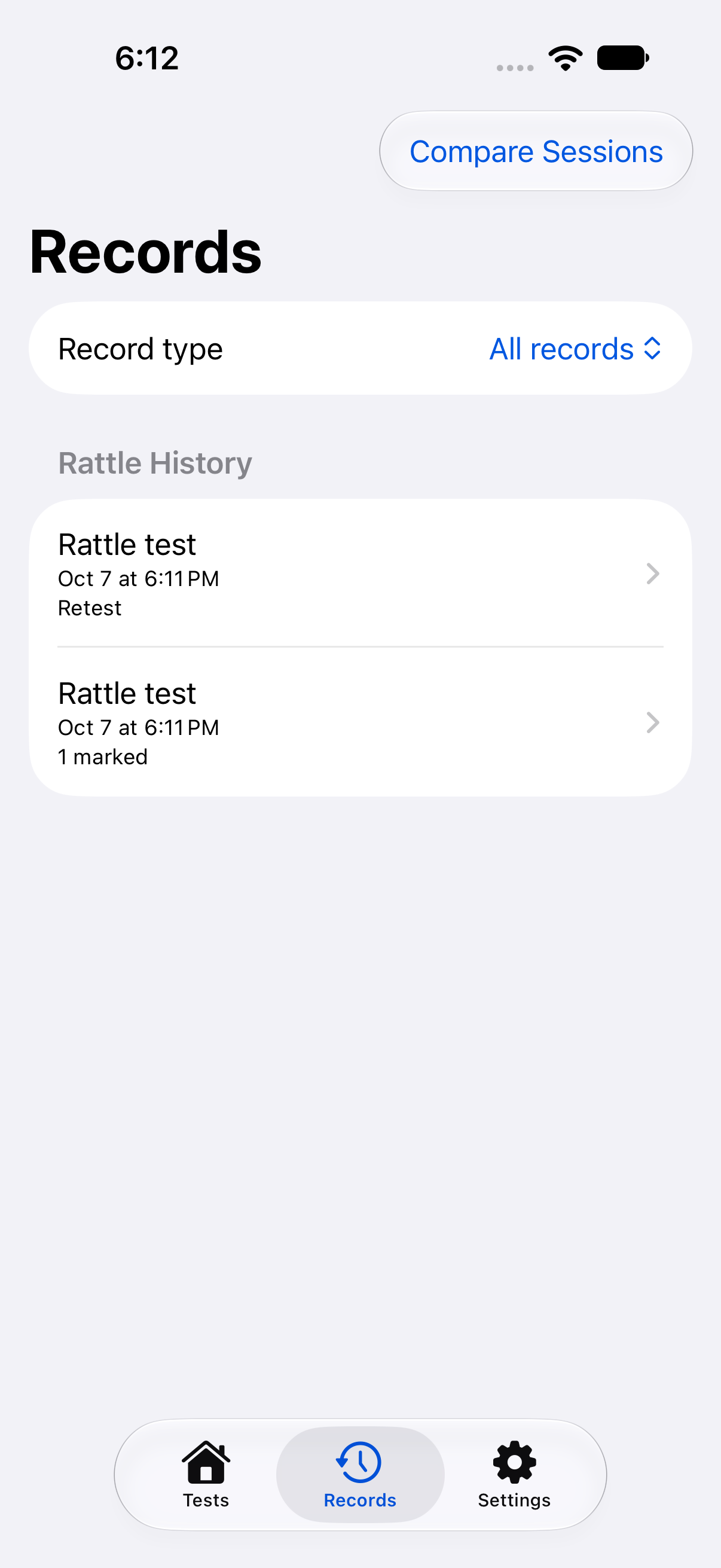SignalProof 1.1.0 Records showing a saved rattle baseline and a separate retest
